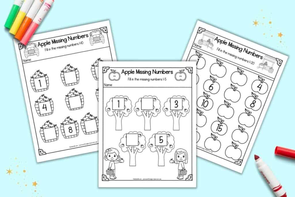 A preview of three pages of apple themed fill-in the missing number worksheets for preschool and kindergarten 
