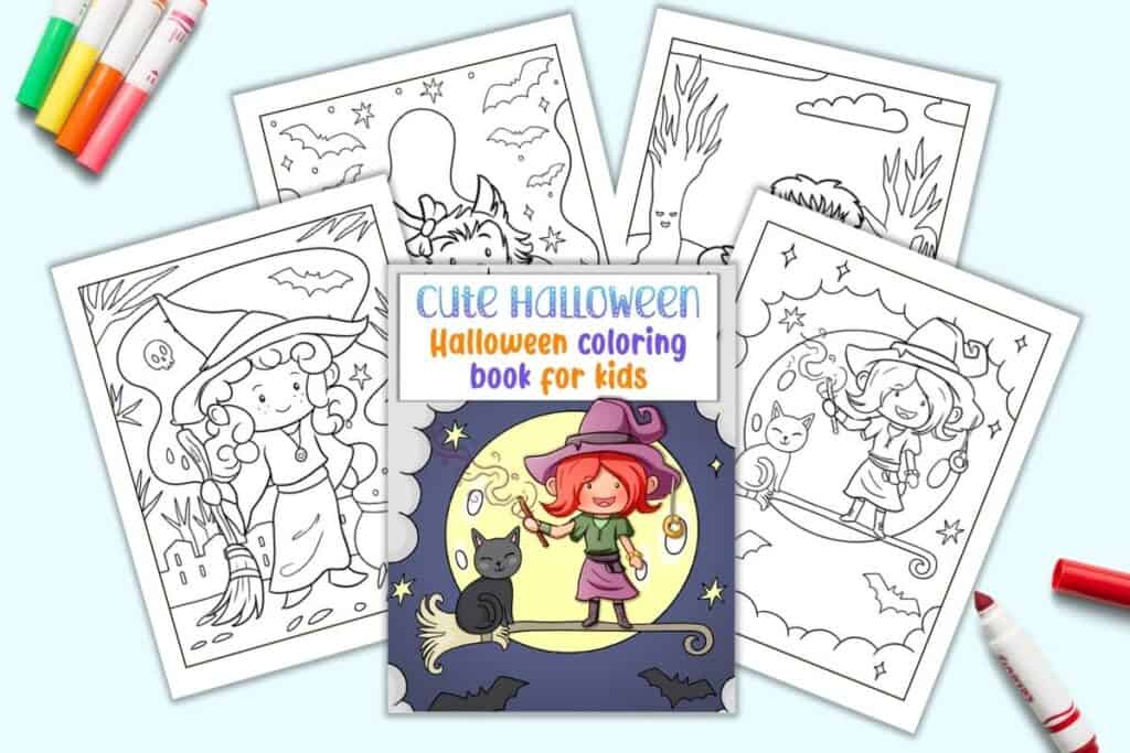 A preview of five pages from a cute Halloween coloring book for kids 3-5