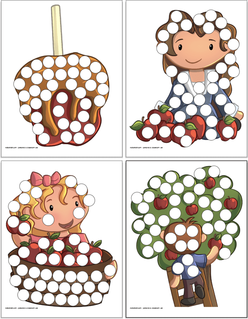 Four printable apple themed dot marker pages: a caramel apple, a girl in a blue dress with apples, a girl with a basket of apples, a nd a boy climbing an apple tree