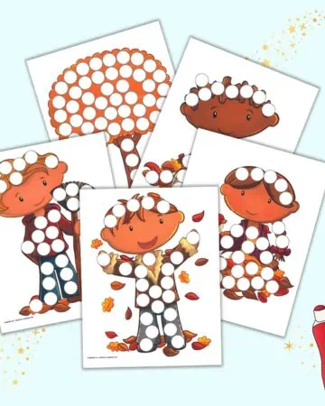 A preview of five fall themed dot marker pages with children playing in fall leaves
