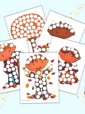 A preview of five fall themed dot marker pages with children playing in fall leaves