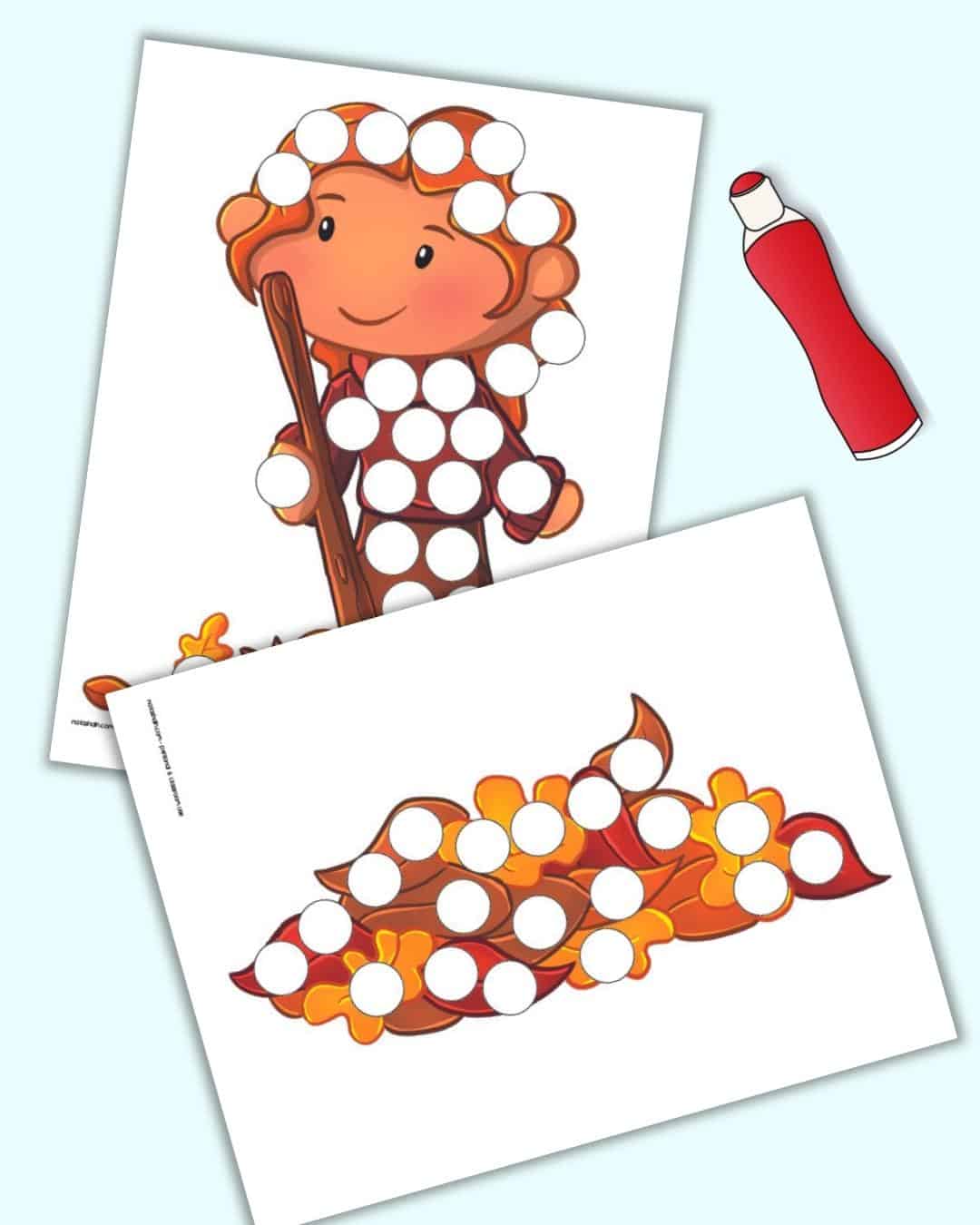 A preview of two fall fun themed dot marker pages for kids. One has a pile of leaves and the other has a child raking leaves.