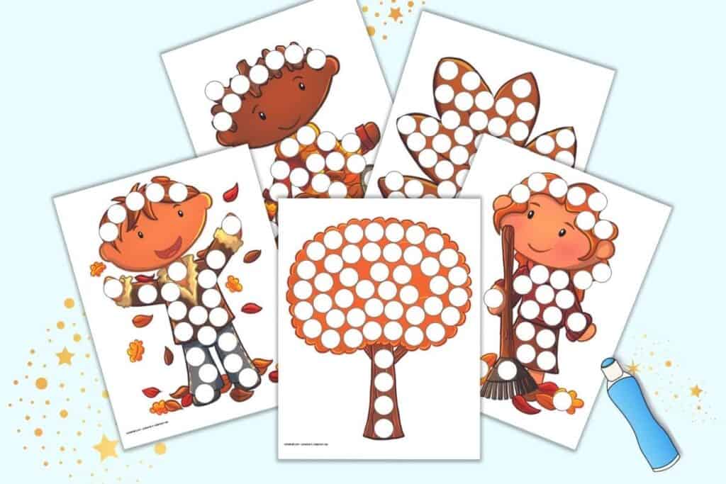 A preview of five fall fun themed dot marker pages for kids with children playing in leaves, an orange tree, and a fall leaf.