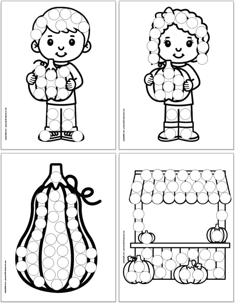 Dot marker pages with a pumpkin patch themed. There are: a boy with a pumpkin, a girl with a pumpkin, a tall pumpkin, and a pumpkin stand