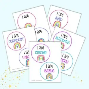 A preview of five pages of affirmation station printable with a bright rainbow theme