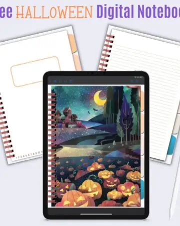 Text "free Halloween digital notebook" with a preview of the front cover and two pages from the inside