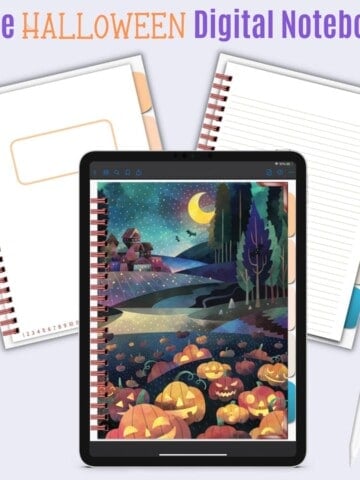 Text "free Halloween digital notebook" with a preview of the front cover and two pages from the inside