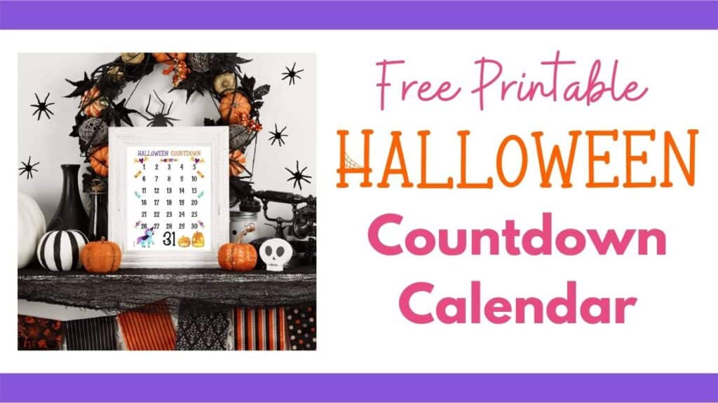 A children's Halloween countdown calendar next to the text "free printable Halloween countdown calendar"
