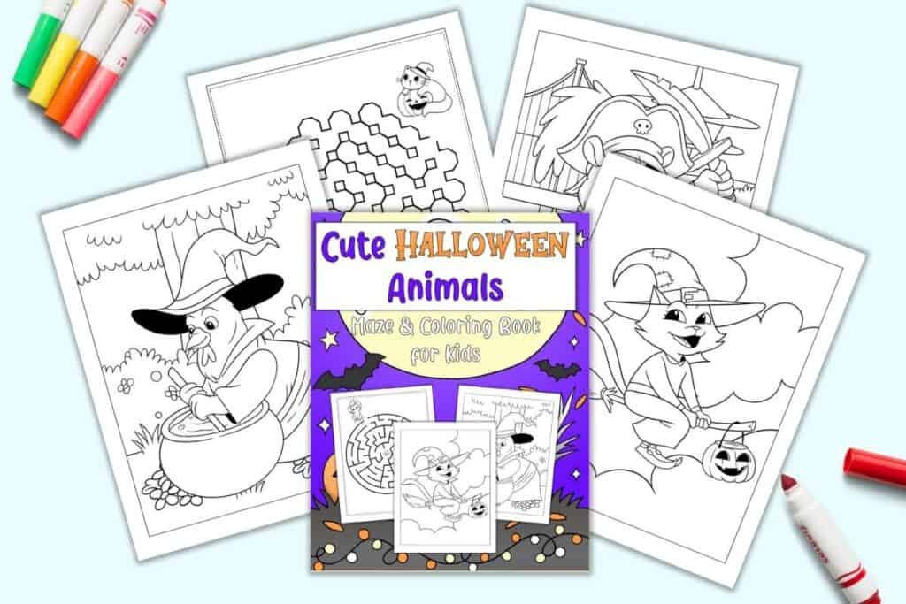 A preview of the front cover of and three pages from a Halloween Animal coloring book with mazes