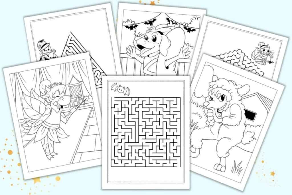 A preview of three mazes for kids and three Halloween costume animals
