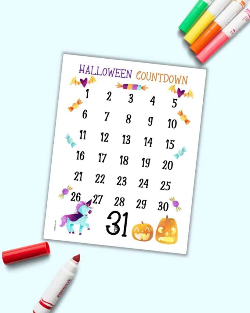 A preview of a Halloween countdown calendar with colorful children's markers