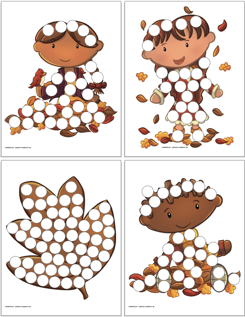 Four fall themed dot marker pages. Three show children playing in leaves and one has a leaf.