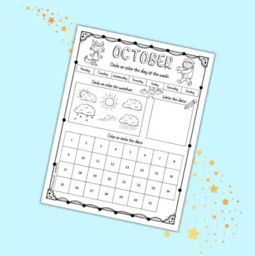 a preview of an October calendar worksheet printable for preschool and kindergarten