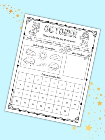 a preview of an October calendar worksheet printable for preschool and kindergarten