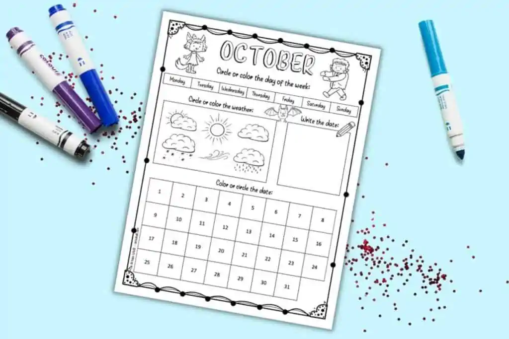 A preview if a calendar worksheet printable for kids. The calendar is for October and features spots for a child to circle the date and day of the week, color the weather, and write the numeral date.