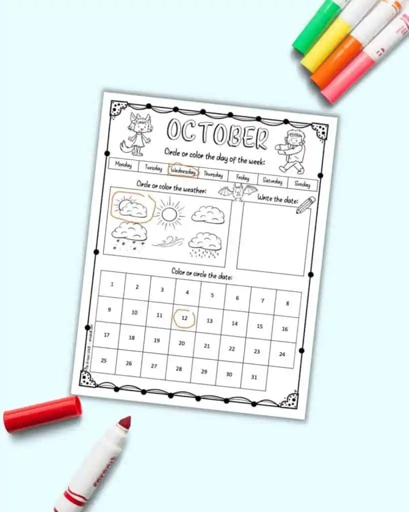 A preview if a calendar worksheet printable for kids. The calendar is for October and features spots for a child to circle the date and day of the week, color the weather, and write the numeral date. The page is shown with Wednesday October 12 circled in orange.