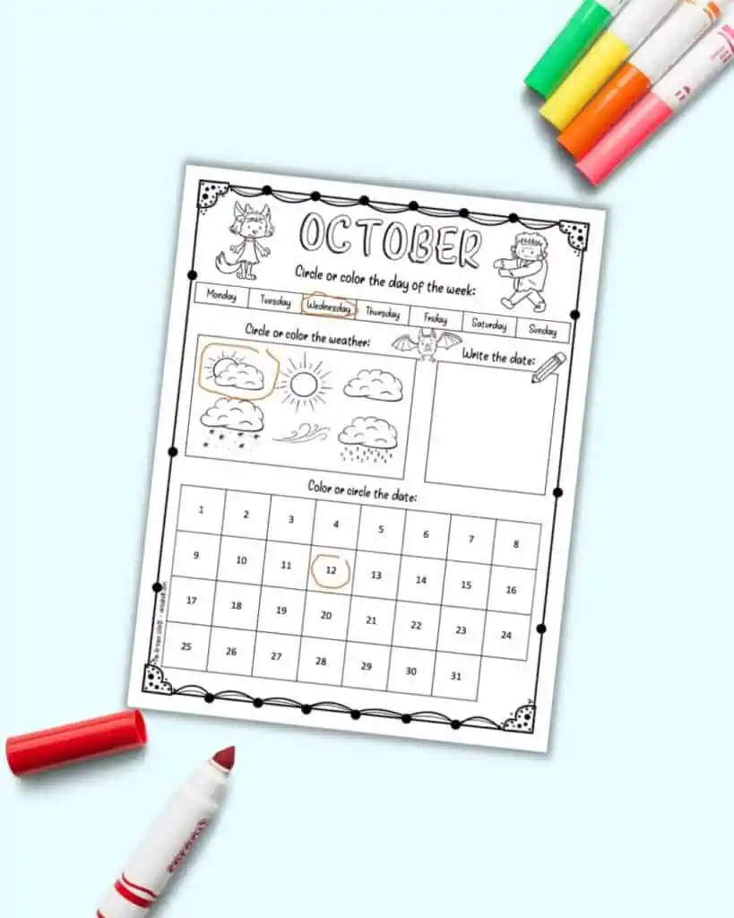 Free Printable October Calendar Worksheet for Kids - The Artisan Life