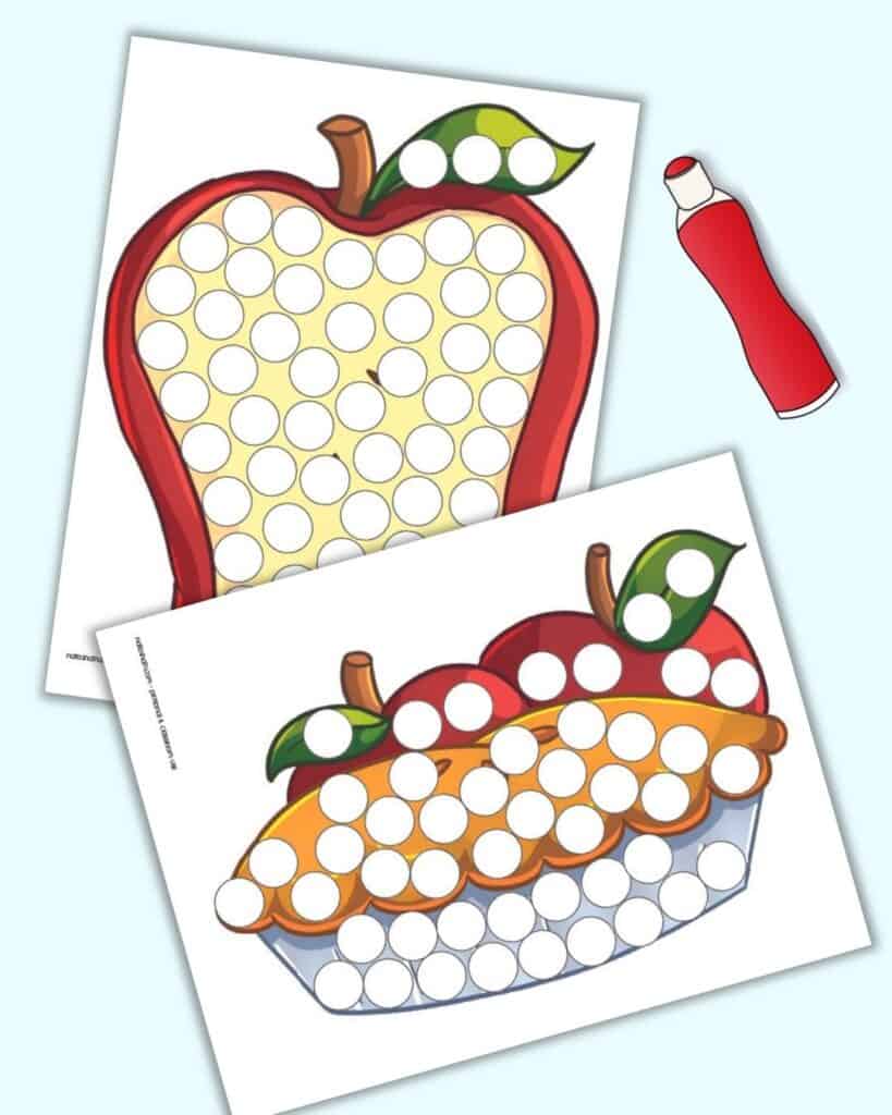 A preview of two pages of apple themed dot marker page. One has an apple pie with two apples and the other has an apple.