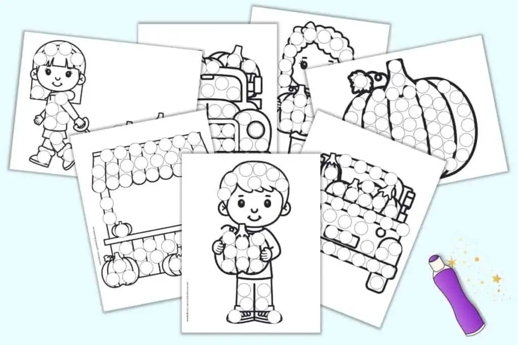 A preview of seven pumpkin patch themed dot marker coloring pages for kids