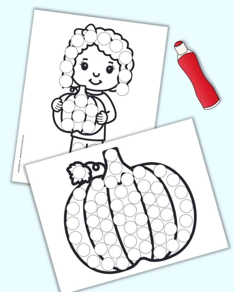 A preview ofa  dot marker page with a pumpkin and and a girl holding a pumpkin