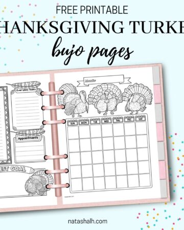 A preview of a 6 ring planner with "Free printable thanksgiving turkey bujo pages" text and a preview of a monthly calendar and daily planner page