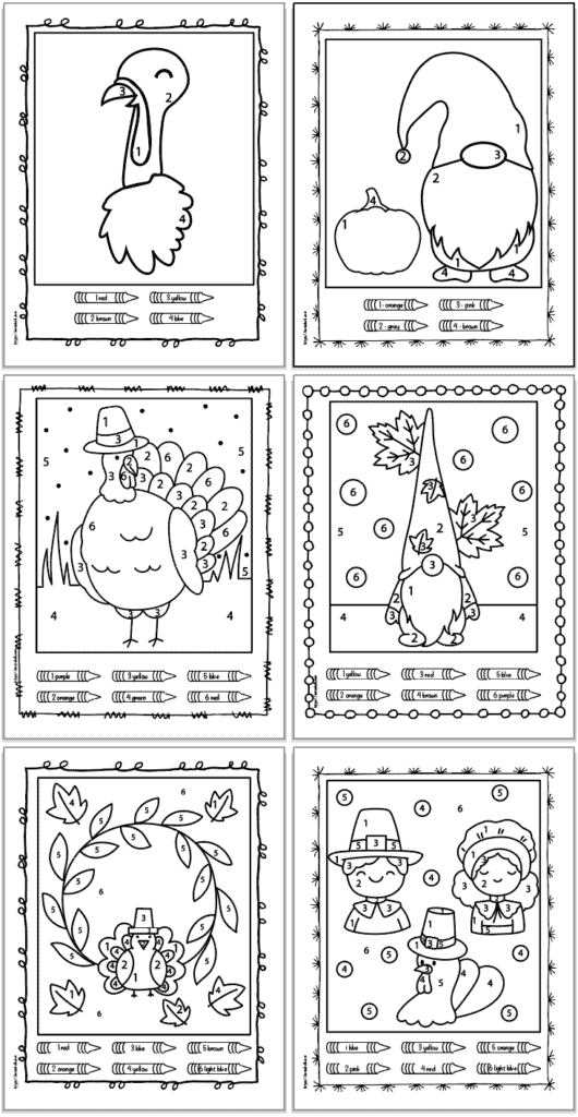 A preview of six easy Thanksgiving color by number pages with 4-6 colors apiece. 