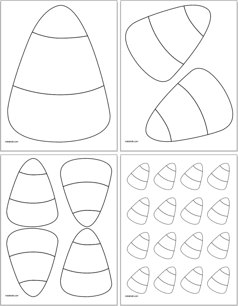 Four pages of black and white blank candy corn templates in four different sizes from 10" to 2"
