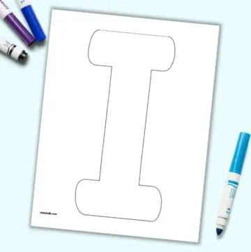 A preview of a printable page with a large uppercase bubble letter I. The page is on a blue background with children's markers