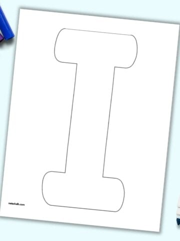 A preview of a printable page with a large uppercase bubble letter I. The page is on a blue background with children's markers