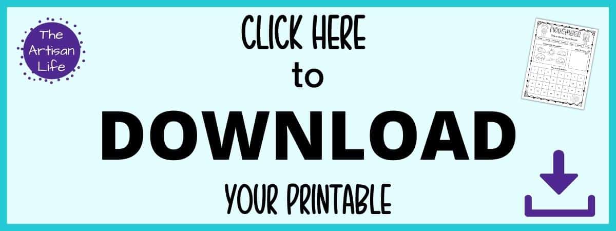 Text "click here to download your printable" (November calendar worksheet for kids)