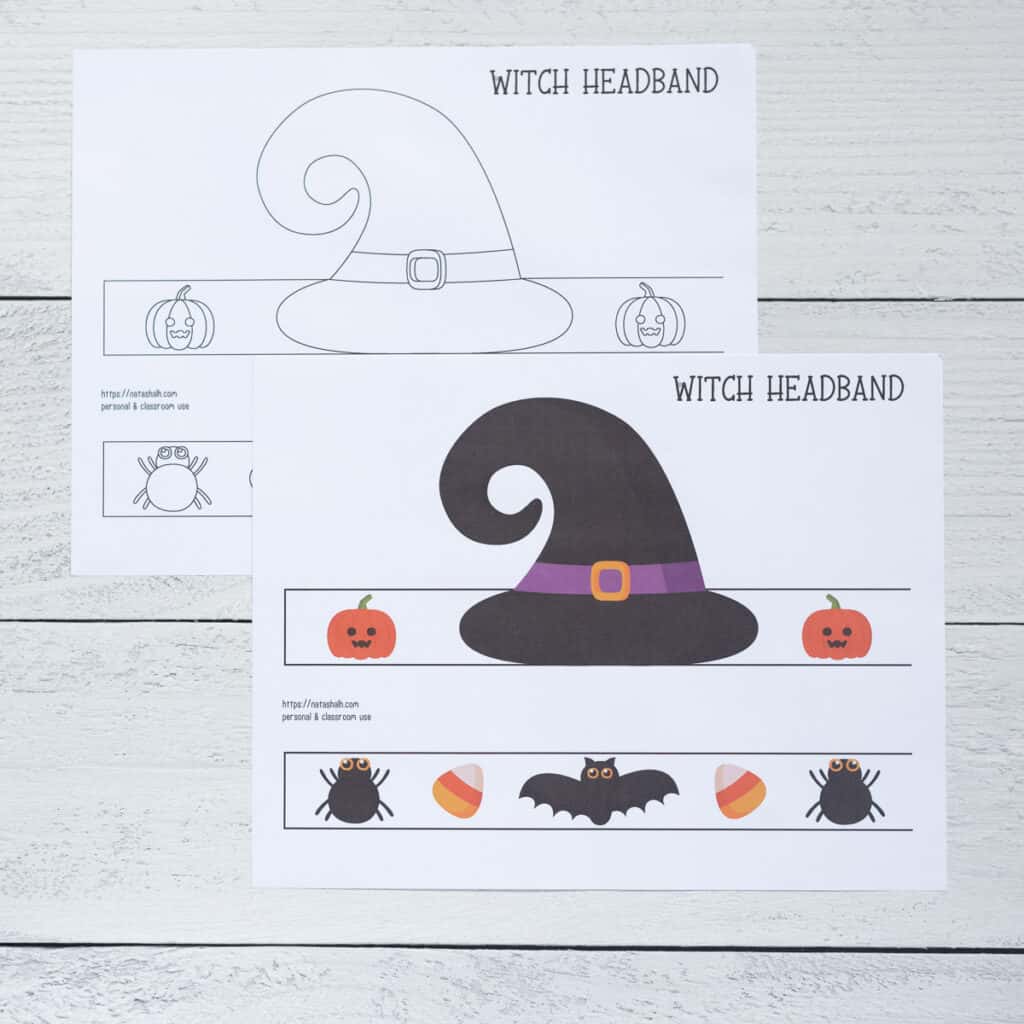 Two printable pages of witch hat headband crafts. One is in color and the other black and white.