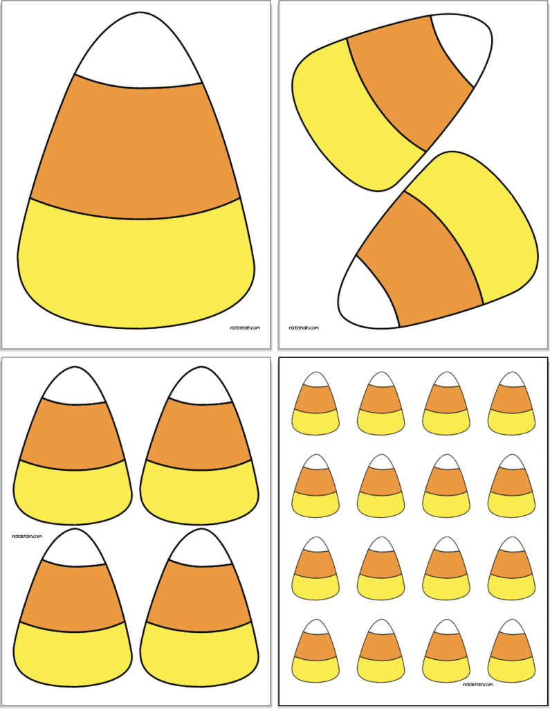 Four pages of colorful candy corn templates in four different sizes from 10" to 2"