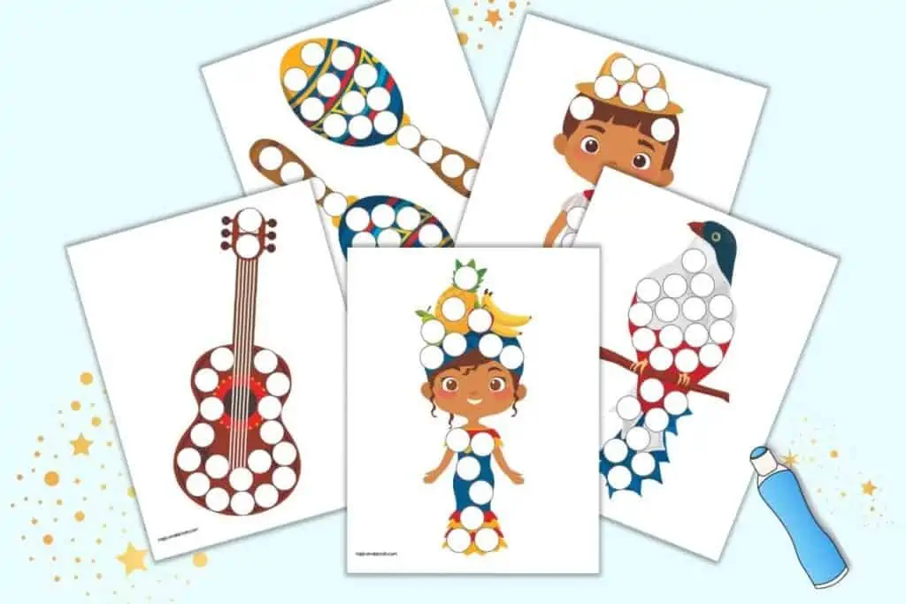 A preview of five Cuba themed dot marker pages including: a girl, a trogon bird, a guitar, maracas, and a boy