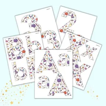 A preview of five printable pages of Halloween themed print and snip bulletin board letters and numbers