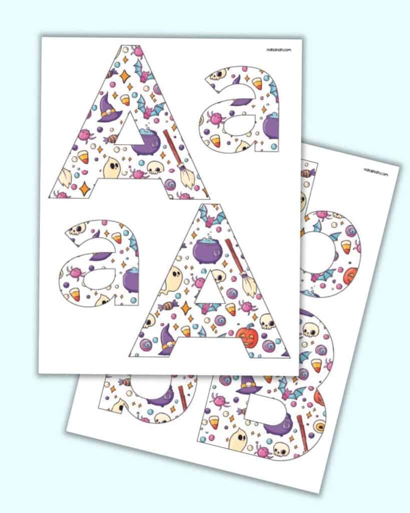 Letter A and Z print and snip bulletin board letters with a cute Halloween pattern.