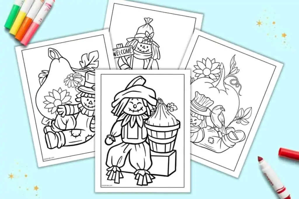 A preview of four cute and simple scarecrow coloring pages for kids