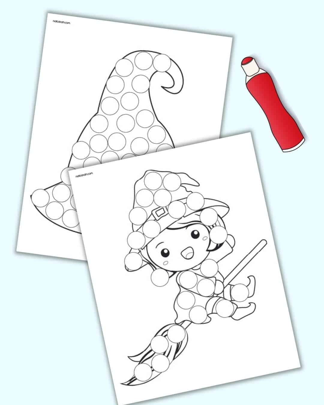 Two cute witch themed dot marker pages. One has a witch hat and he other a cute witch.