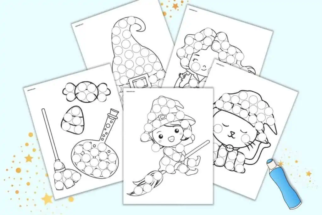 A preview of five cute witch dot marker coloring pages for kids. 