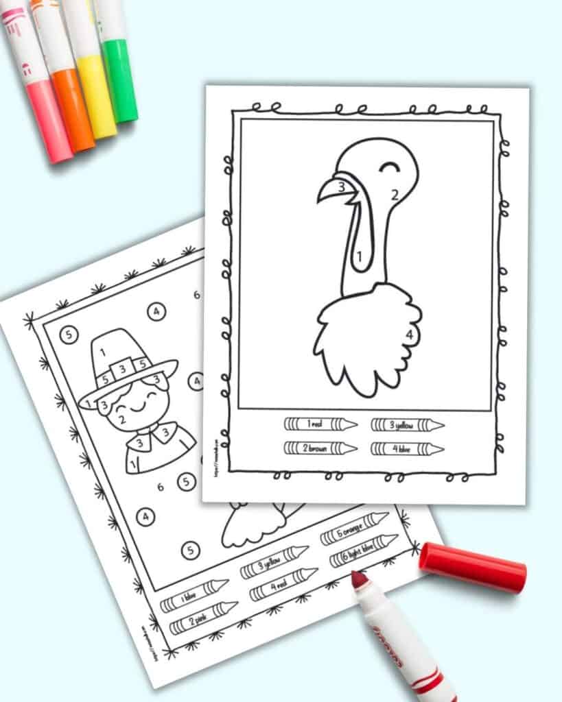 Two easy Thanksgiving color by number pages. The front page has a turkey with four colors and the page behind has Thanksgiving images with six colors
