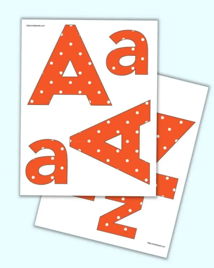 A preview of printable bulletin board letters A and with orange and white dots