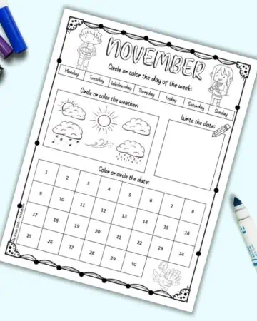 A worksheet calendar for kids for the month of November. It is shown on a light blue background with children's markers