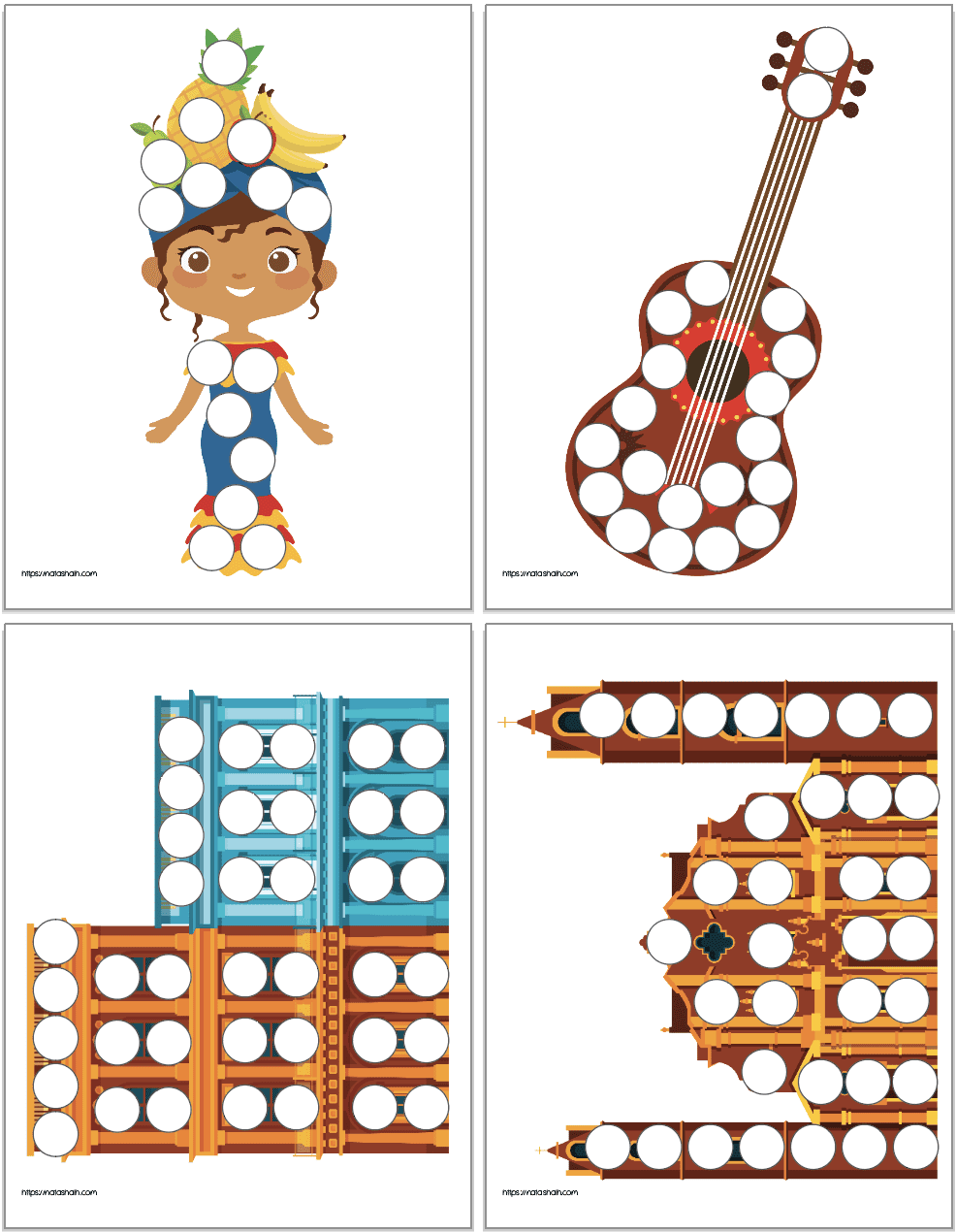 Four Cuban themed dot marker pages showing: a girl in traditional dress, a guitar, Havana buildings, and the Havana cathedral