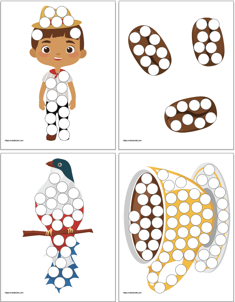 Four Cuban themed dot marker pages showing: a boy, coffee beans, a trogon bird, and a cup of coffee