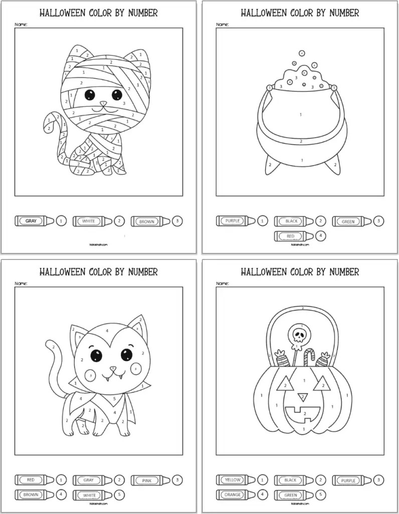 A preview of four coloring by umber Halloween pages for preschool and kindergarten. Three images have Halloween cats and one has a jack o lantern with candy.