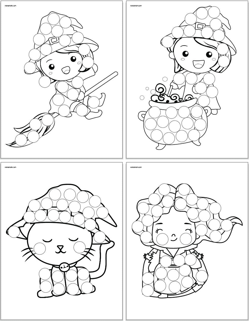 A preview of four witch themed dot marker pages. Three have cute witches and the fourth has a cat.