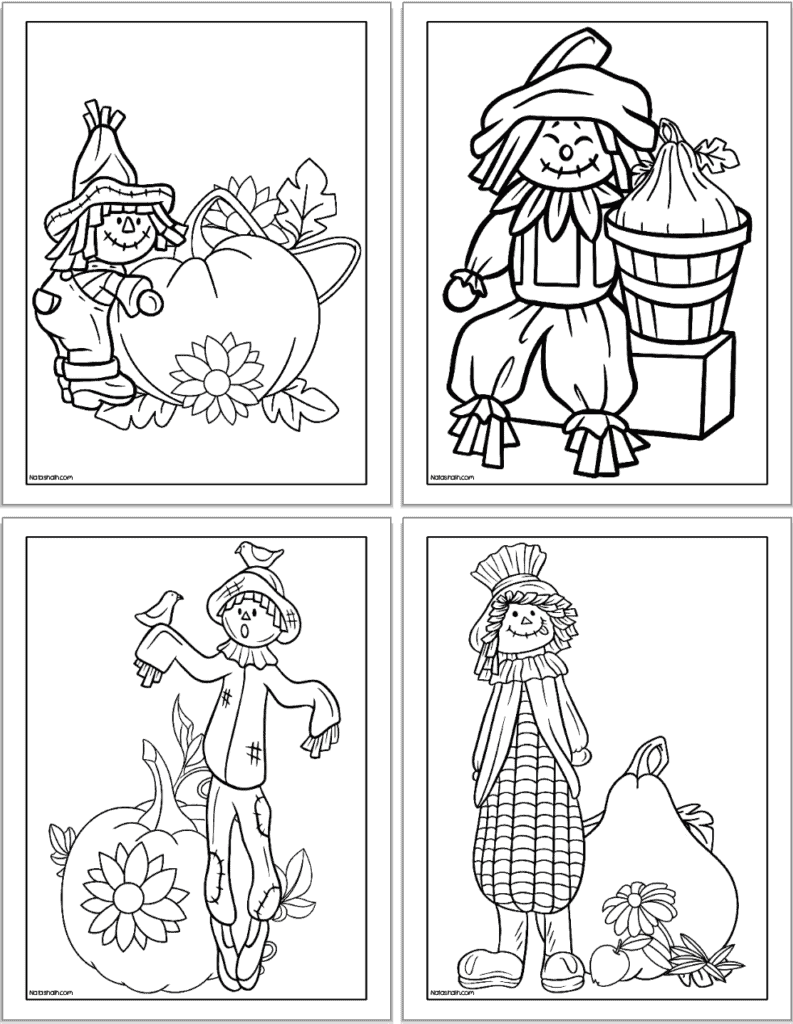 A preview of four scarecrow coloring pages for kids