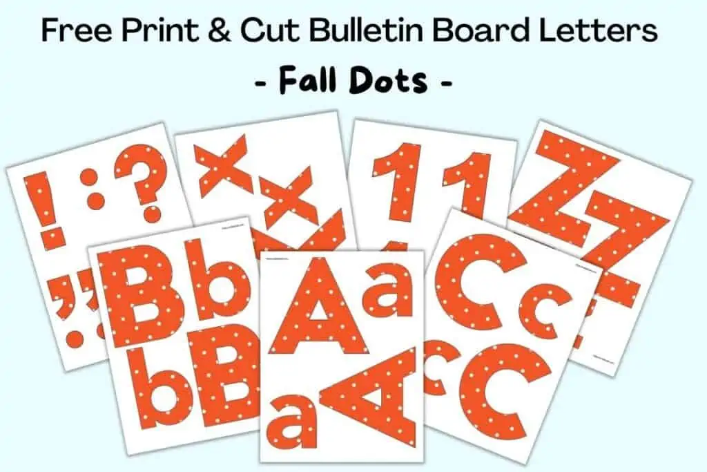 Text "free print and cut bulletin board letters - fall dots" with a preview of alphabet and punctuation printable bulletin board letters