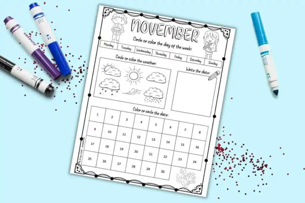 A worksheet calendar for kids for the month of November