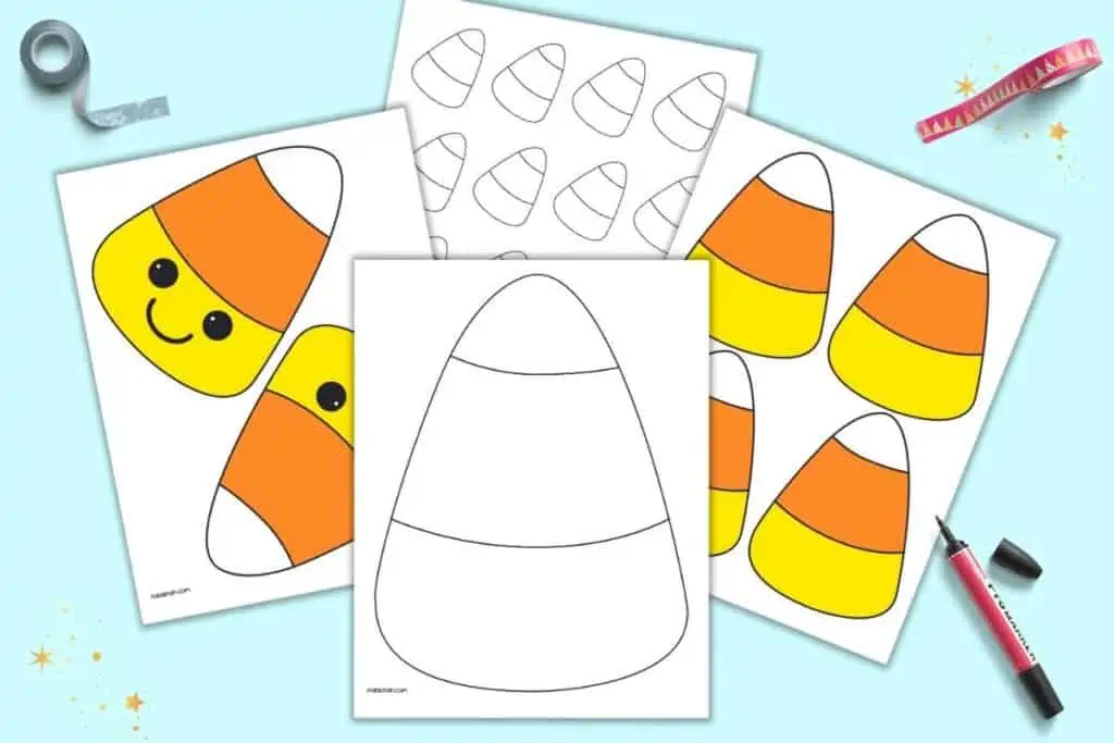 A preview of four pages of candy corn template including  a large blank template, medium colored templates, small black and white templates, and medium kawaii candy corn templates with a happy face