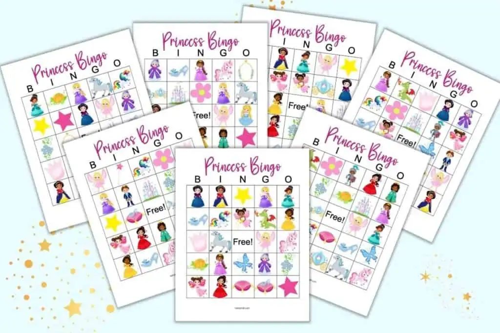 A preview of seven free printable princess bingo board games